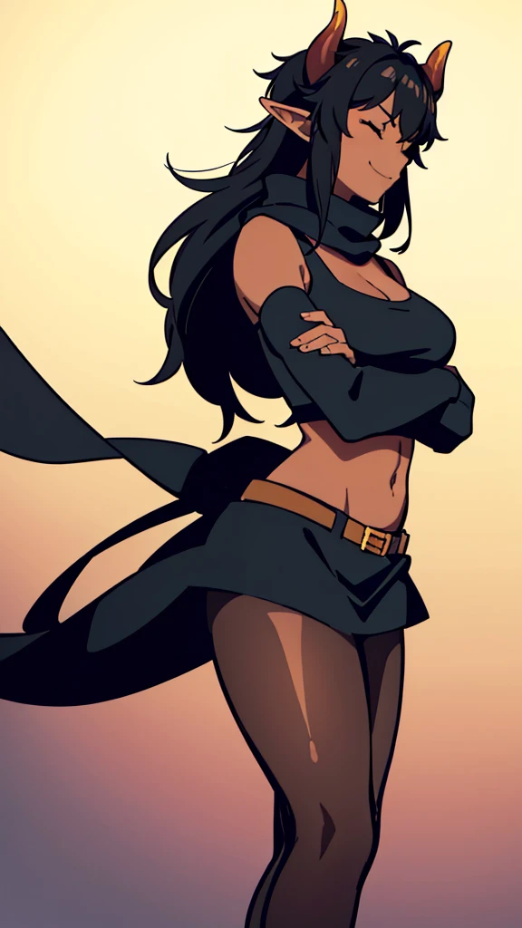 ((1girl,solo,mature female,adult)),big breasts,long hair, black hair,horns,elf ears,black scarf,cleavage,((dark skin)),((black sports bra, midriff)),(((pantyhoses))),((no background)),closed eyes,crossed arms,from side,serious,smile