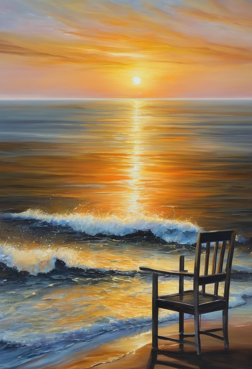 An oil painting,sunrise,Ocean,horizon,peaceful,1 chair