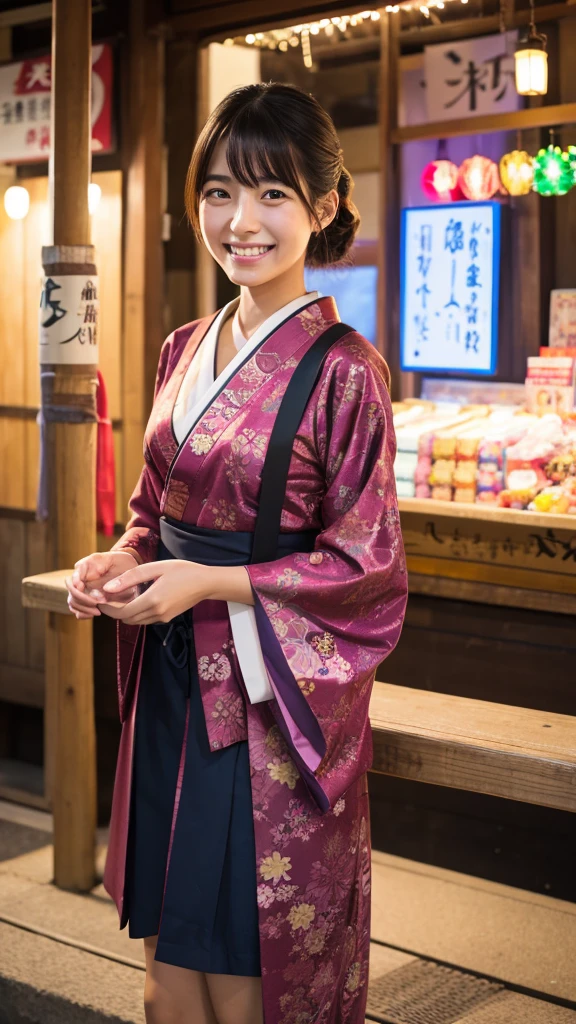 Night Japanese festival stall Smiling Japanese girl in her 20s
