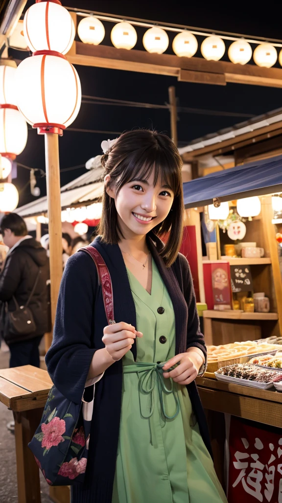 Night Japanese festival stall Smiling Japanese girl in her 20s