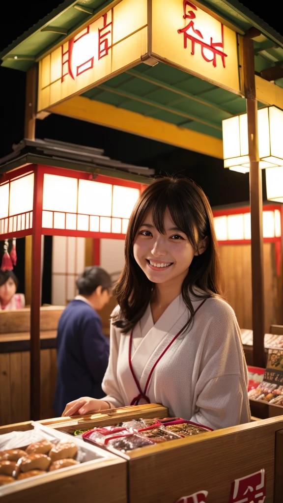 Night Japanese festival stall Smiling Japanese girl in her 20s