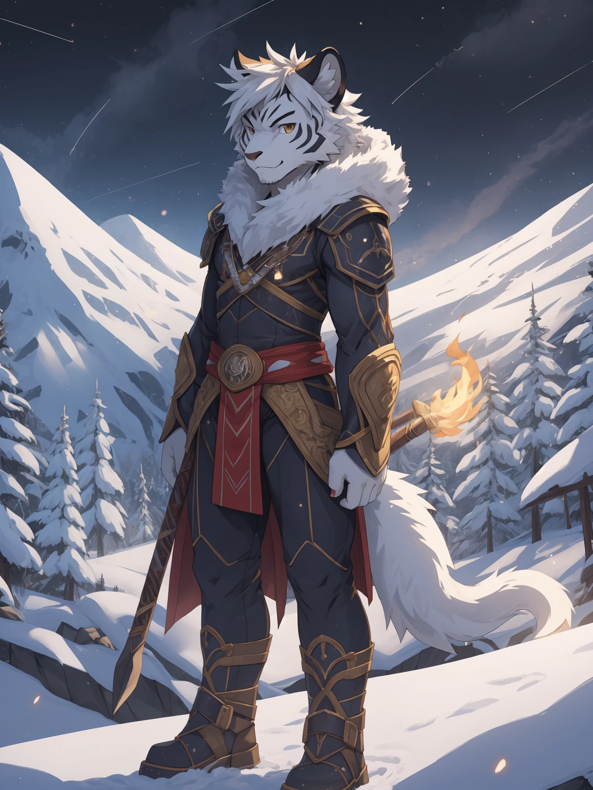 Alone，White body，White ears，White hair，White Tiger，With flawless snow-white fur，The limbs are slender and powerful，The tail is decorated with golden flame patterns，young，Ultra-clear screen，Soft lines， Perfect lighting, Light Particles,(best quality),(masterpiece),(Extremely detailed),Clear focus,Light Particles, Detailed snowy mountain background