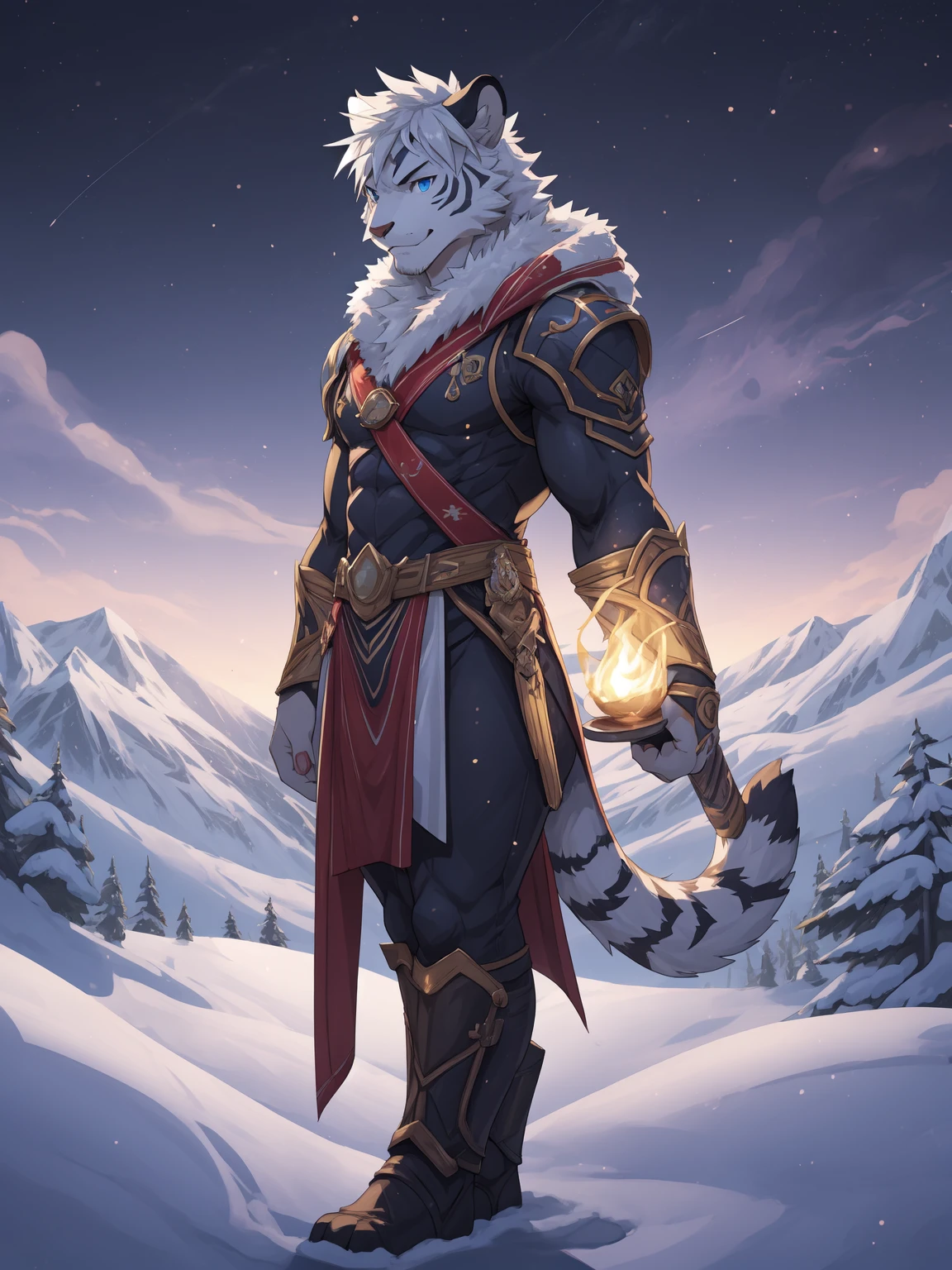 Alone，White body，White ears，White hair，White Tiger，With flawless snow-white fur，The limbs are slender and powerful，The tail is decorated with golden flame patterns，young，Ultra-clear screen，Soft lines， Perfect lighting, Light Particles,(best quality),(masterpiece),(Extremely detailed),Clear focus,Light Particles, Detailed snowy mountain background
