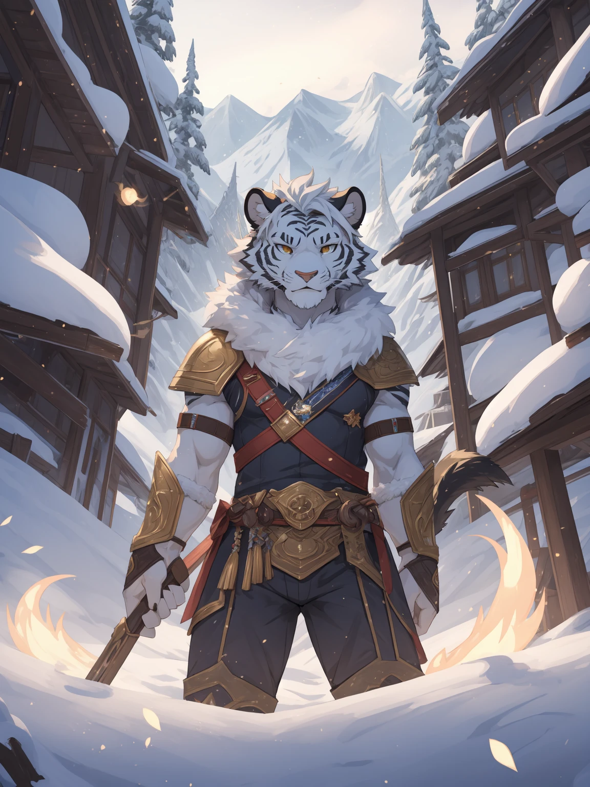 Alone,White body,White ears,White hair,White Tiger,With flawless snow-white fur,The limbs are slender and powerful,The tail is decorated with golden flame patterns,young,Ultra-clear screen,Soft lines, Perfect lighting, Light Particles,(best quality),(masterpiece),(Extremely detailed),Clear focus,Light Particles, Detailed snowy mountain background
