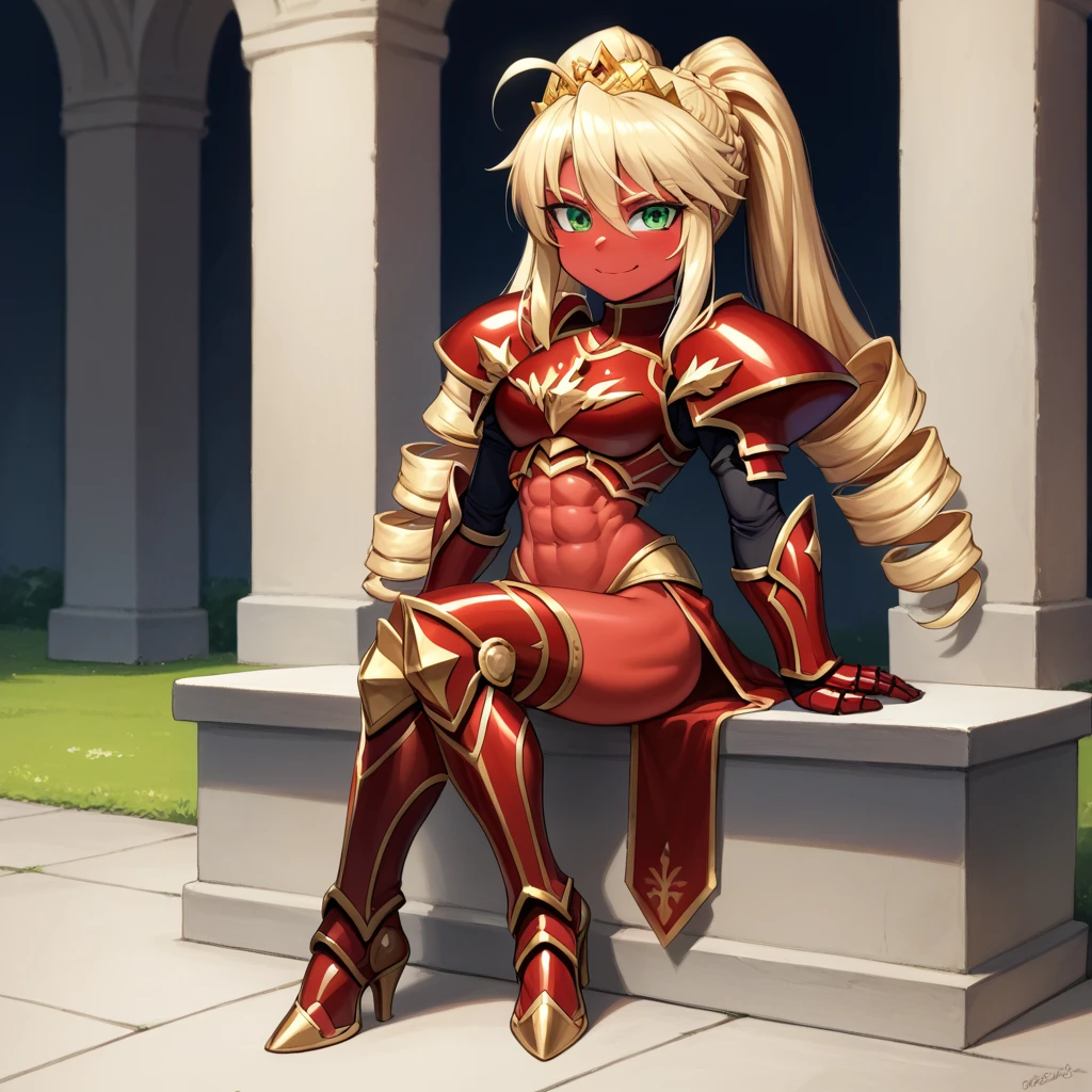 Lancer Artoria, elegant adult female, blonde, green eyes (yellow eyelashes) crown, turtleneck, full body sitting on a bench, showing ass to me, RED breastplate, RED skin (1SologirlRED skin:1.2), looking at viewer, shiny, armor, thigh highs, high boots, pauldrons shoulder armor, faulds, poleyn, RED gloves gauntlets, rerebrace, RED military armored boots, yordle muscular lean platinum blonde long twin tails hairstyle at the bedroom lustful smirking smile face red blushed, blush, strong abs, female body builder, tiara, twin drills hair, (masterpiece, best quality, ultra detailed, best shadow)