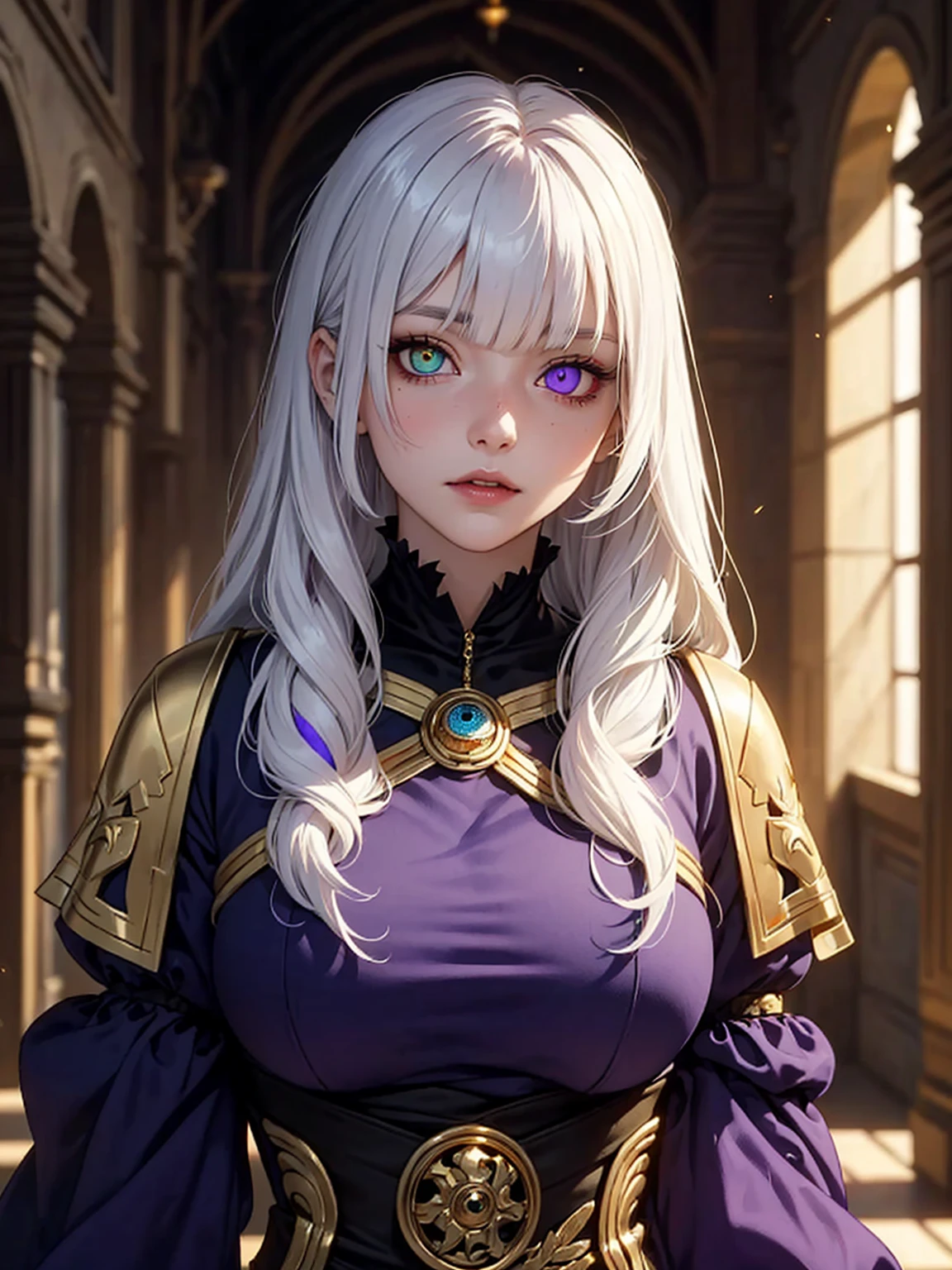 1 adult woman, female vampire, vampire, pale skin, (((heterochromia (violet right eye and golden left eye)))), white hair with bangs, wearing medieval assassin's clothing.
