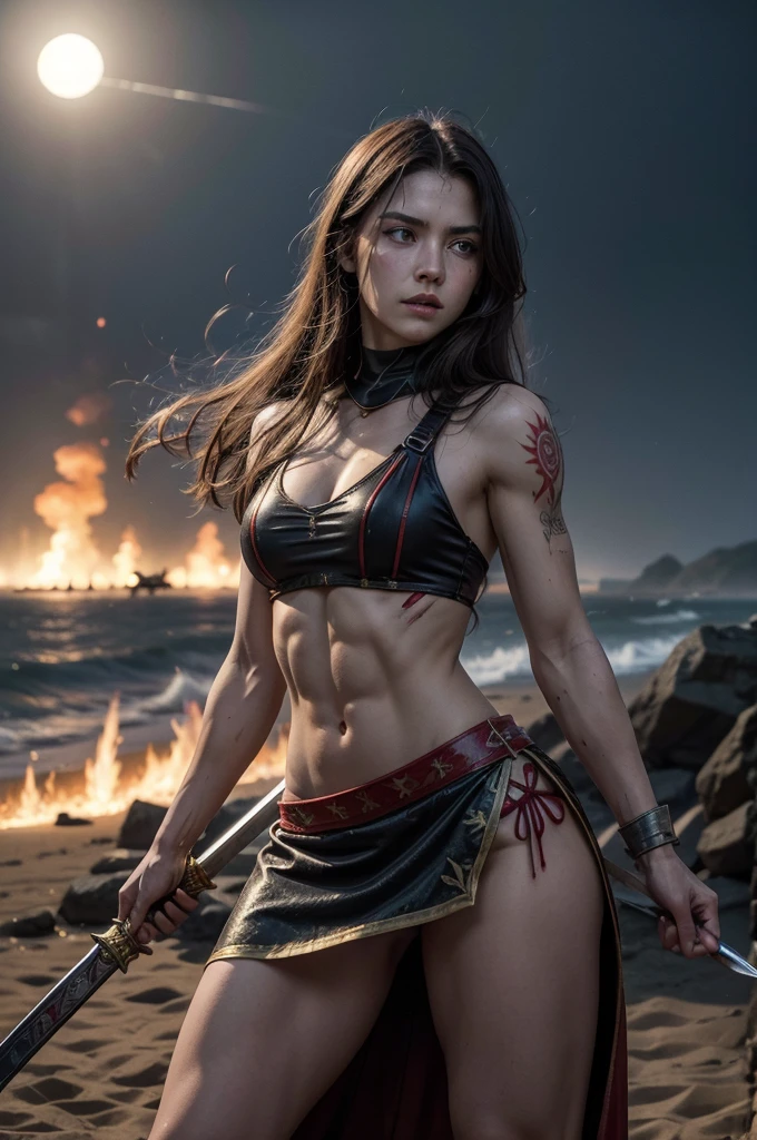 Medieval period, field of battle, Muscular and sexy Russian warrior, wearing a unique style dress and skirt, Six-pack abs, small size and butt, killing antagonist, moonlights, tattoo on arms, bloodstains all over her body, participating in medieval warfare near the ocean beach, big swords in her hand covered in bloodstains, soldiers in the background, fire in the background, fire, swords, bloodstains, Raby, 8K, hyperrealisti, ultra HD