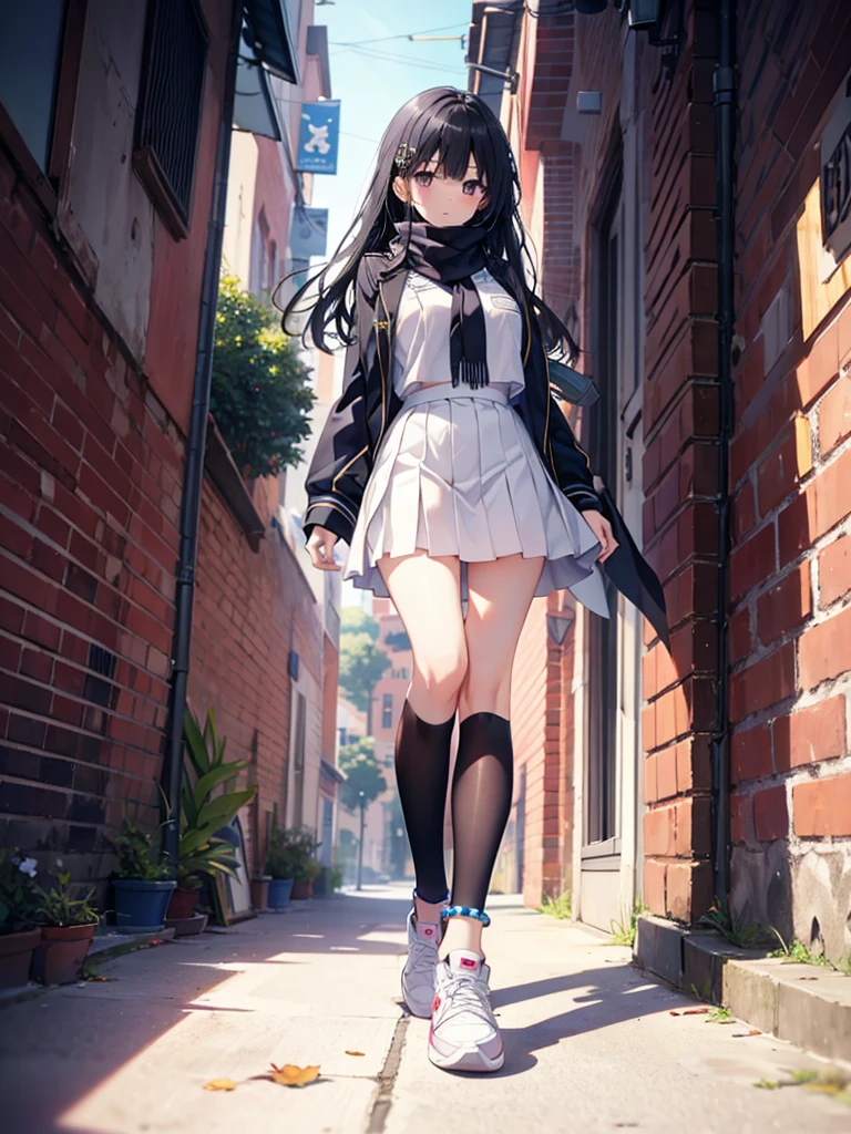 1girl,,legwear,,anklet,black hair,straight_hair,hime cut,long hair,sneakers,huge filesize,scarf,Uniforms,lace,student