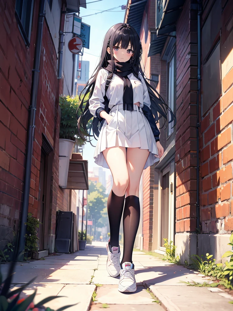 1girl,,legwear,,anklet,black hair,straight_hair,hime cut,long hair,sneakers,huge filesize,scarf,Uniforms,lace,student