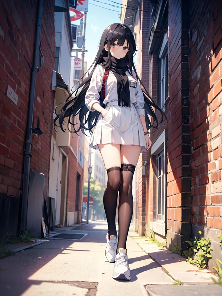 1girl,,legwear,,anklet,black hair,straight_hair,hime cut,long hair,sneakers,huge filesize,scarf，Uniforms，lace,student