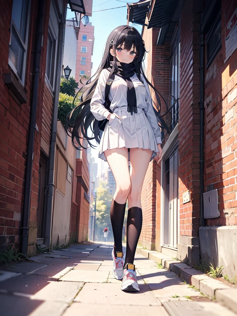 1girl,,legwear,,anklet,black hair,straight_hair,hime cut,long hair,sneakers,huge filesize,scarf,Uniforms,lace,student
