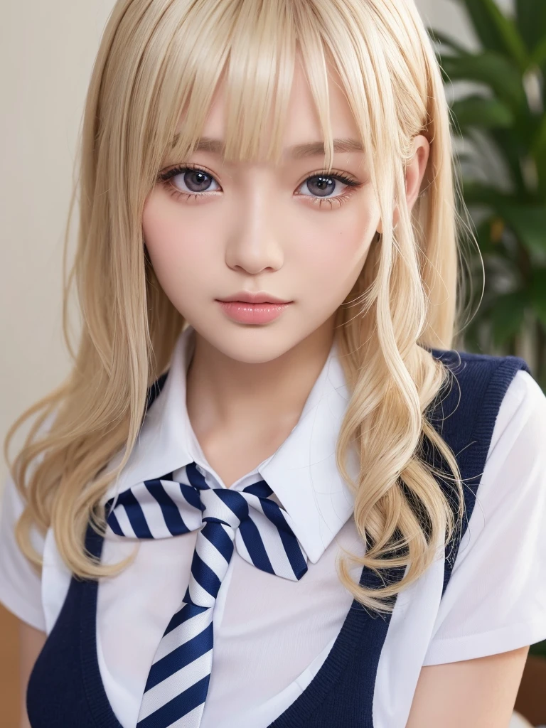 (table top:1.4, Photoreal:1.4, 8K), highest quality, masterpiece, ultra high resolution, perfect dynamic composition, big face、round face、((platinum blonde, long hair, curl inside hair))、Highly detailed skin and facial textures:1.3, Detail of limbs, 1 girl, Cute sexy 22 year old woman, (sunburn:1.2), ((completely enchants you:0.9)), ((school uniform, white collared short sleeve shirt, Striped tie)),Medium chest, (distant eyes, beautiful eyes, brown eyes、Eyes that feel beautiful eros:0.85), sexy face:0.4, (closed mouth、small mouth、thick lips、A taste of beautiful eroticism:0.85), ((Too cute beauty:0.9))、gal makeup、((extreme close up))