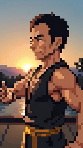 highres, Realstick, 1 yougman, 1 oldman, Children practicing kung fu with the sunrise in the background, upper body shot