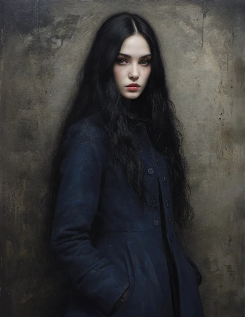 James Gurney, Surrealist art , dream-like, Mysterious, Provocative, symbolic, Complex, detailed,, (Gothic but very beautiful:1.4), (masterpiece, highest quality:1.4) , Nicola Samori Style, young girl with long black hair, gray eyes, navy coat