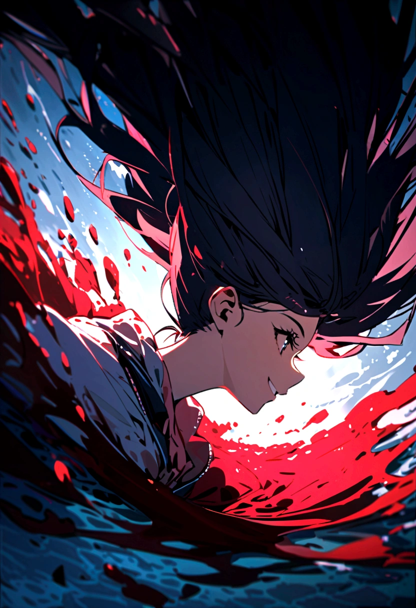 A girl screaming about having too much power, her eyes are red and she cries, long black hair with bangs, red electricity around you, and everything is destroyed behind her.