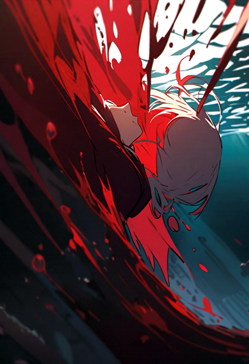 A beautiful girl falling, drowning under the sea (side view),with a smile,a pool of blood