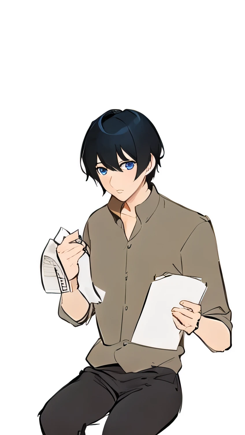 1Anime Man, Black hair, Short bangs, Black pants, Blue Eyes, Keep your mouth shut, shirt, Male focus, Pants, beige blouse, Short sleeve, Simple background, Alone, White background, Bills in hand, bill, Bills piling up, anime, Ghibli-like colours, anime style, cinematic lighting, masterpiece, anatomically correct, super detail, best quality