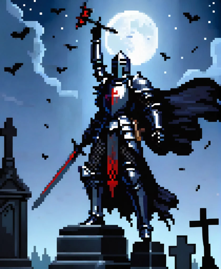 gothic black knight injured floating and raising his arm to the night sky in a cemetery
