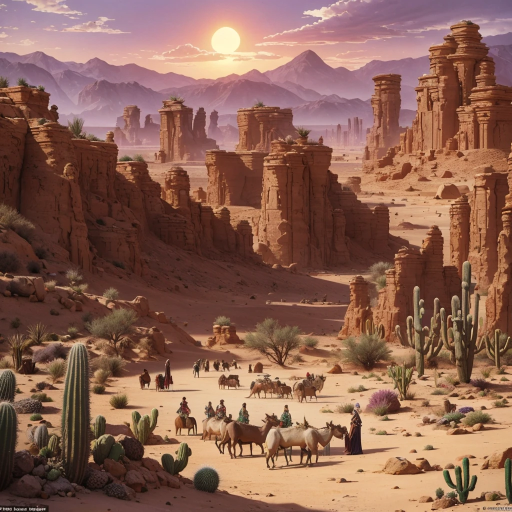 a desert of sand, stones and cacti, among the cactus flowers, effeminate and delicate devils dressed in women's clothing, and strong, bearded women cool off in an oasis, along with their herd of goats. a red sun burns in a sky full of clouds in the style of of Wayne Barlowe