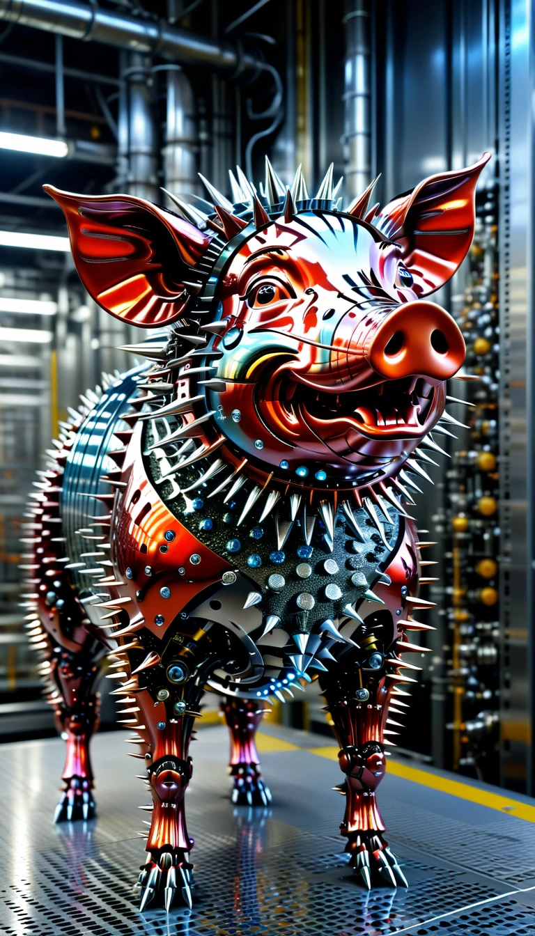 There is no one, Reality Photos, Reality Photos, Realistic photo of a pig-like creature, spikes, multicolored sparkling, strange and, Surreal and, the other world, A robotic factory with a shiny assembly plant, intricate details, very sharp, Sophisticated details, Flawless composition, vivid colors, masterpiece, futuristic, metal decoration, The shiny red interior is empty., polished, ray tracing