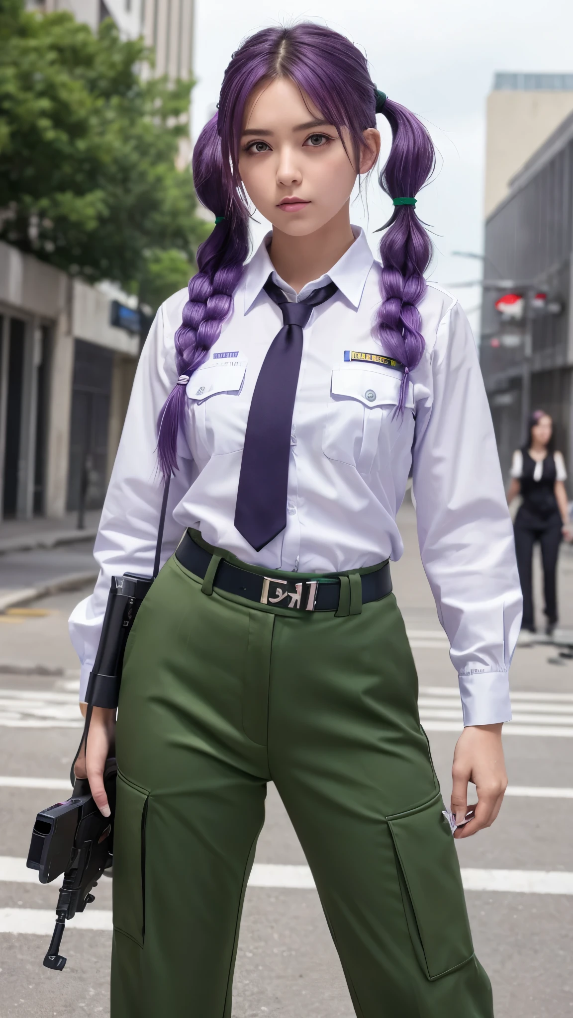 ((masterpiece)), ((Highest quality)), ((High resolution)), One girl, alone, Police Officer, (Matching pants, slacks), Urban Background, (Holding a pistol、Aim, Detailed pistol, Glock 22, Breaking the rules), Are standing, Medium Hair, (Purple Hair, Twin tails), (Green Eyes),