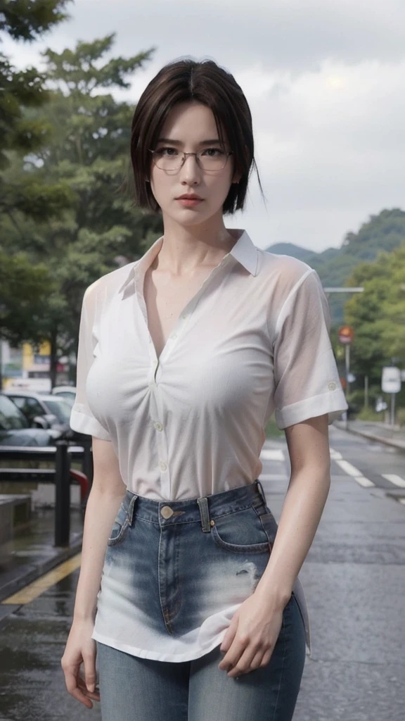 (Highest quality、4K、masterpiece：1.3)、Fubuki from Hell、Beautiful woman、One Girl、(chest、Attractive body：1.2)、Abdominal muscles：1.1、Short black hair：1.1、(raindrop、raindrop、Wet body：1.2)、(Wet Hair、Wet shirt：1.4)、Real Rain、Soaking wet、Super detailedな顔、Detailed lips、Detailed eyes、double eyelid、Wearing a skirt and white shirt、Japanese Model、Quarter Shot Shot、On the road、Beautiful lawyer（Highest quality、masterpiece：1.2）、Perfect figure、Glasses、Ultra Clear、Super detailed、Written boundary depth、Brown Hair、charisma、36 years old、jeans