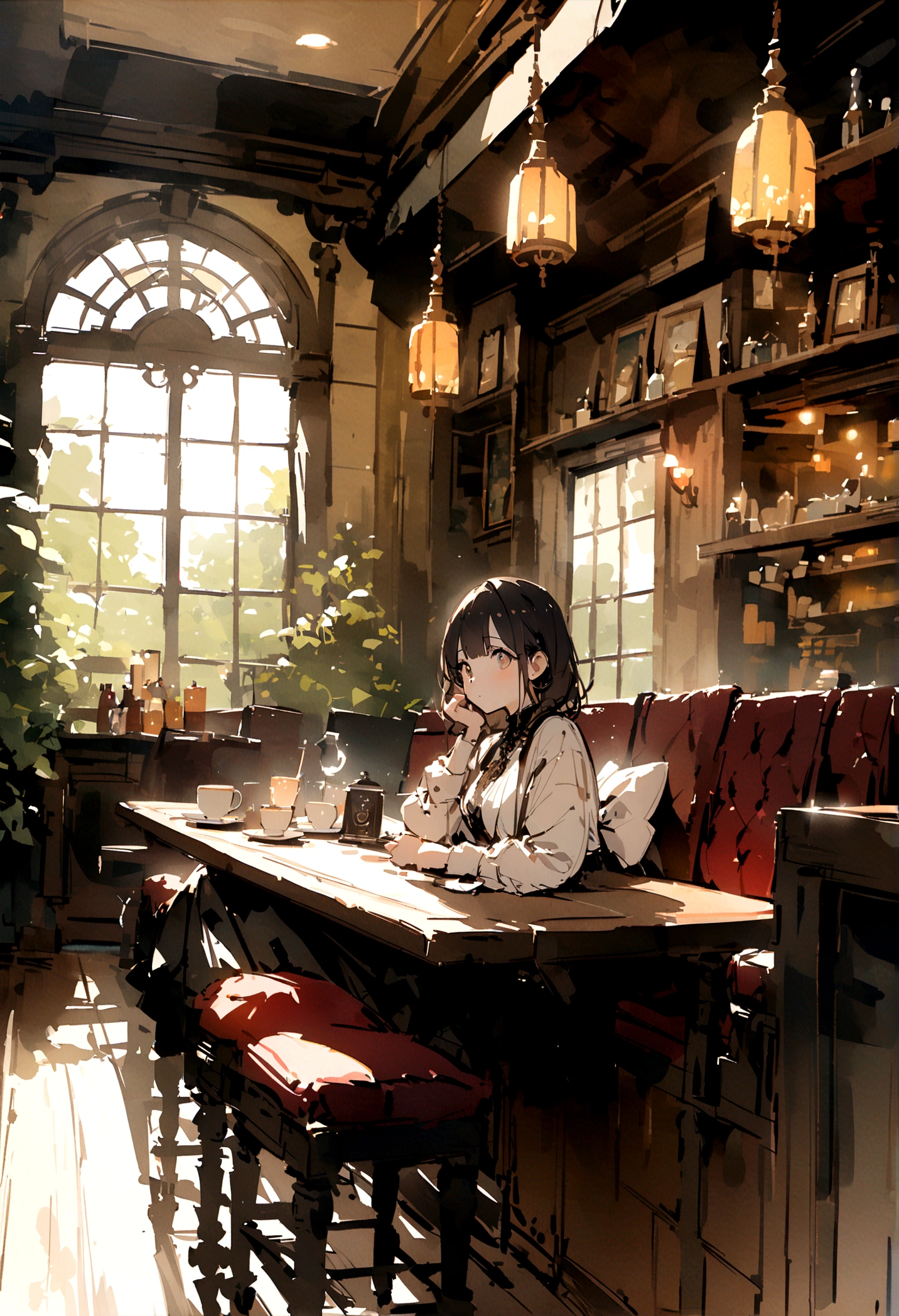 masterpiece,highest quality,ultra-detailed,high-definition background,8K,hi-res,high quality,BREAK,Cafe with a nice atmosphere、Antique interior、Stylish interior,girl, japanese manga style, sketch, Watercolor Colors.