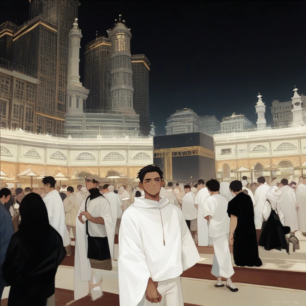 Man in front of kaaba mecca wearing ihram clothing