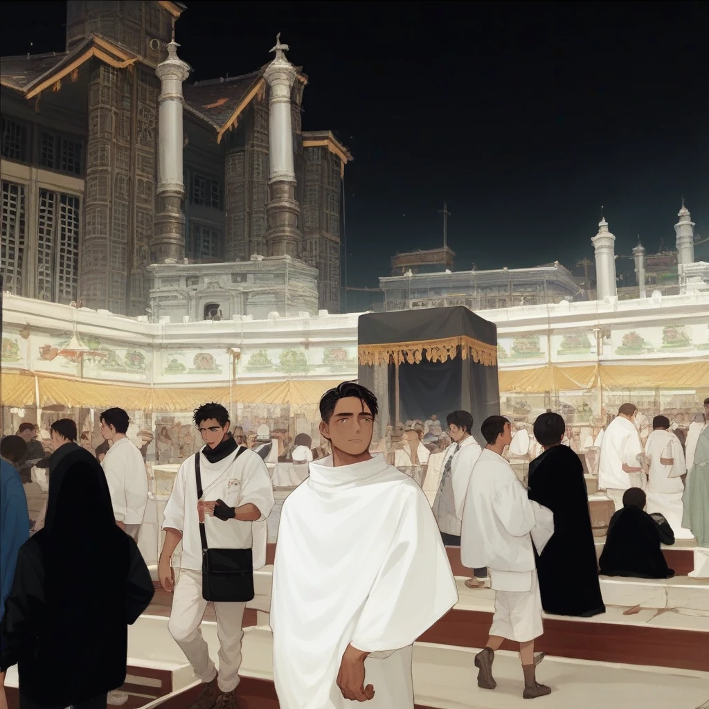 Man in front of kaaba mecca wearing ihram clothing