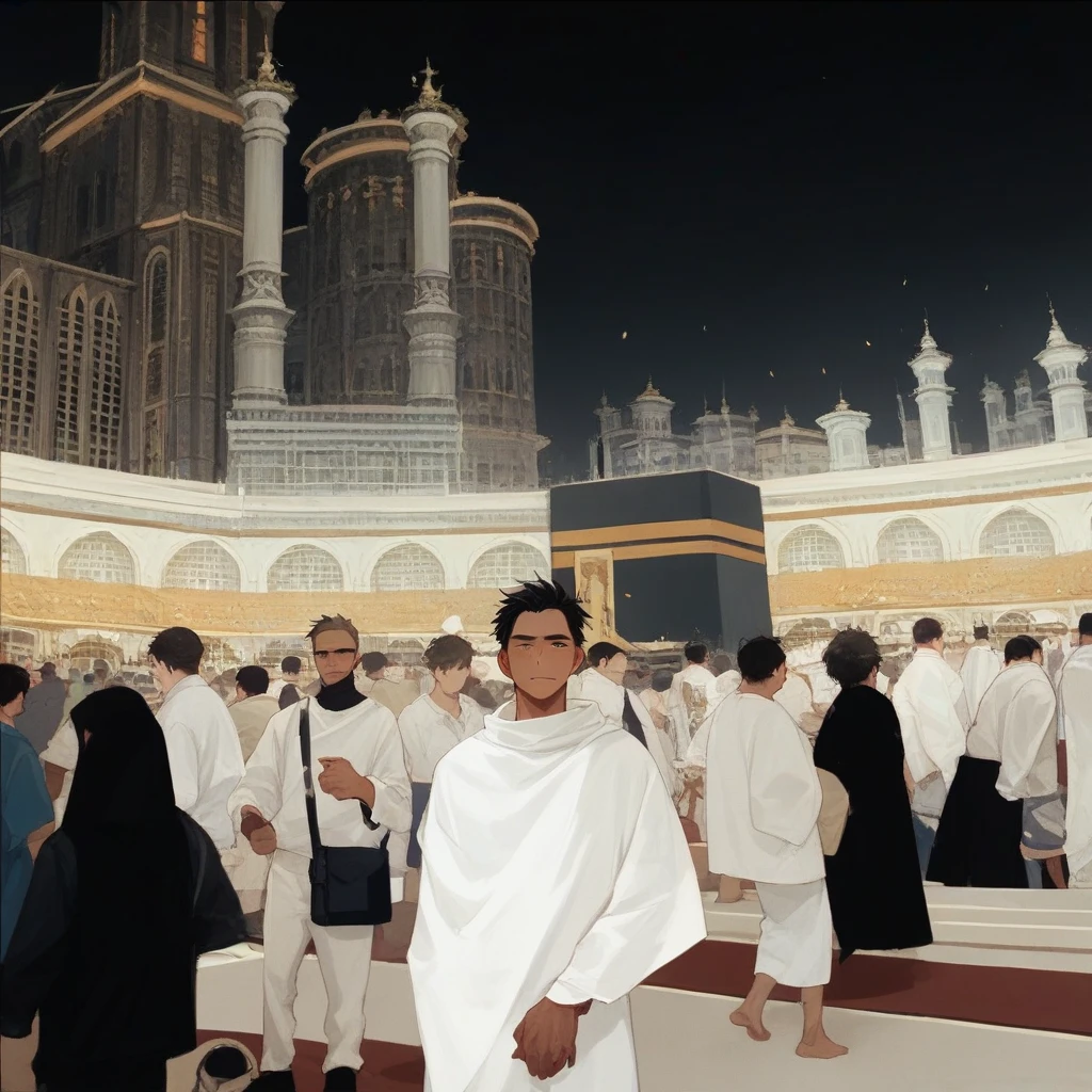 Man in front of kaaba mecca wearing ihram clothing