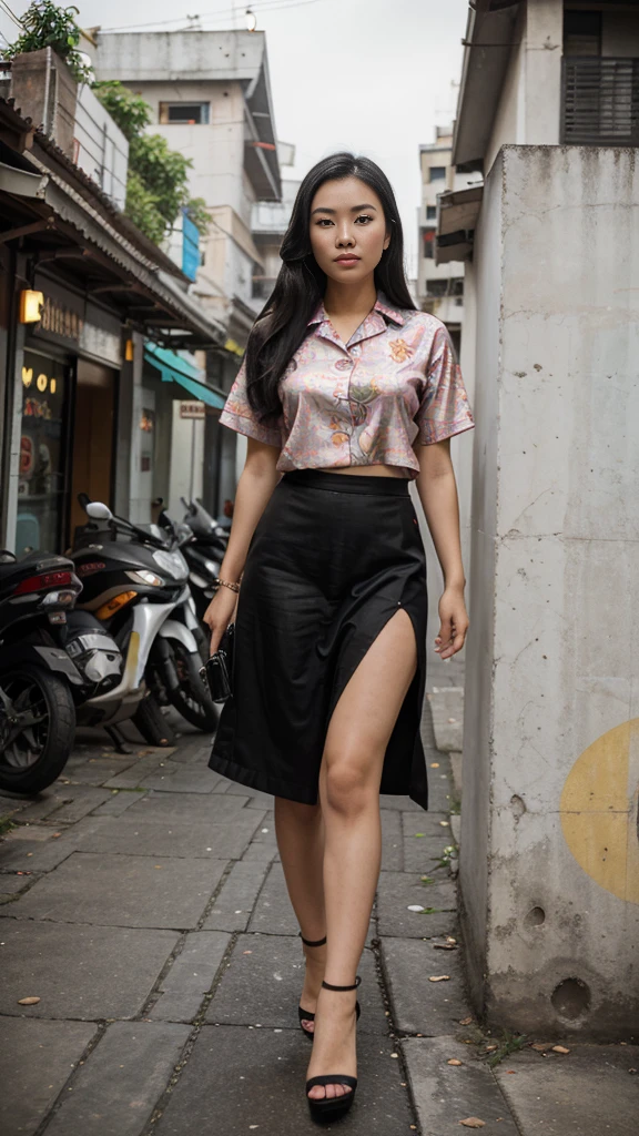 (8K, Ultra high res:1.1) Nguyen, an 18-year-old vibrant Vietnamese girl, exudes youthful charm in a modern Vietnamese-inspired outfit. She wears a stylish áo dài with contemporary patterns and designs, showcasing her fashion-forward sense. The high-resolution image captures ultra-detailed realism, highlighting Nguyen's captivating brown eyes, flawless complexion, and long black hair. The urban backdrop with its colorful street art and bustling cityscape adds a touch of youthful energy, creating a visually captivating representation of Nguyen's modern Vietnamese style.