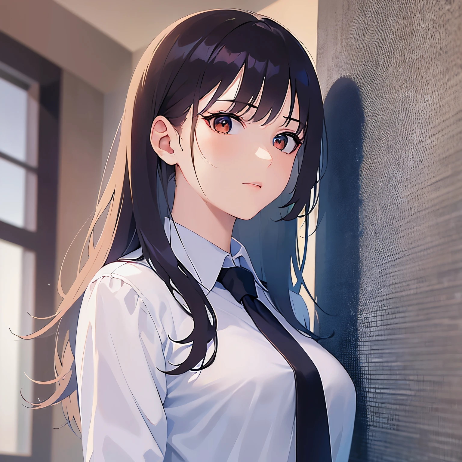 Shooting from below、Upper Body, Realistic, real person, (pale skin: 1.2), RAW photo, photorealistic, shiny skin, shiny hair、 (A 25-year-old woman with medium-length hair and bangs) and (wavy hair) and (brown hair) and (Orange Eyes) smile, (Wearing a business suit:1.5) and (Wearing a white collared shirt)、 expressionless, The background is the living room、Alone、Are standing