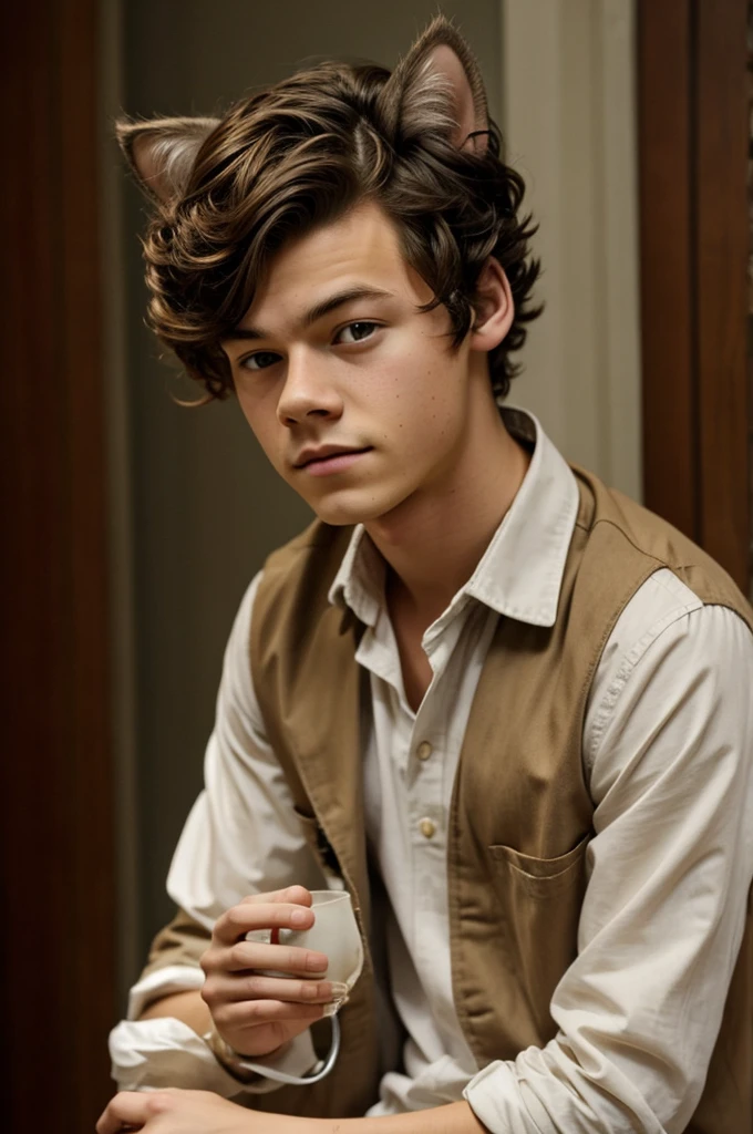 16 year old Harry Styles with brown kitten ears 