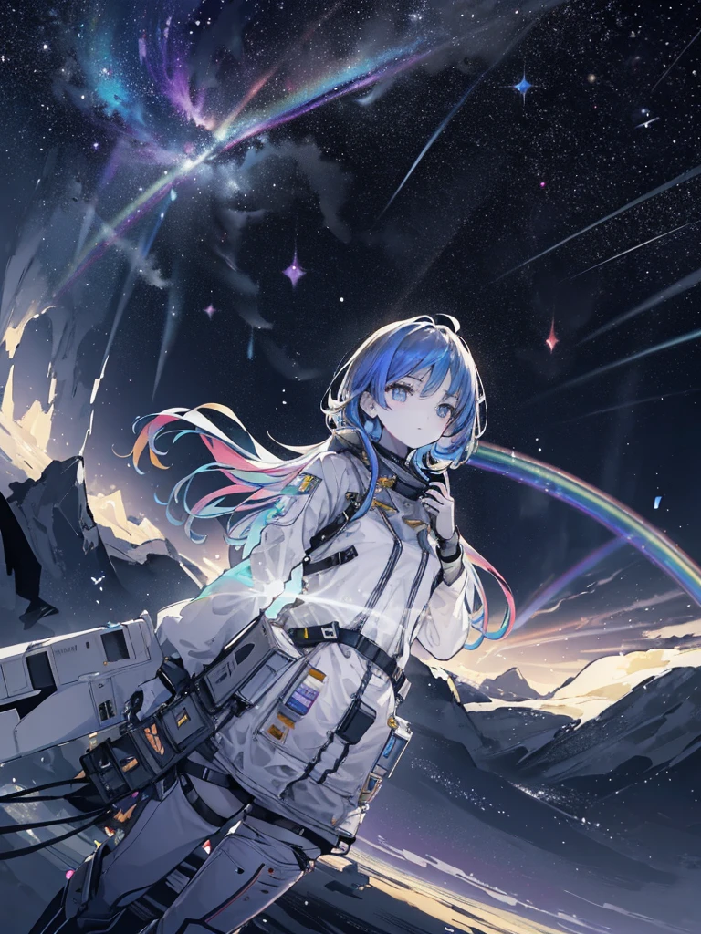 woman astronaut (((Floating in space with air))), performer, planet, nebula, whole body, empty, {Highly detailed 16K CG unit wallpaper}, Vast landscape photography, (A bottom-up perspective that focuses on the characters and the scene), (Wide field view), (Low angle photo), (highlight: 1.2), (Low Light: 1.8), (Warm light source: 1.2), More information Complex, (Rainbow colors: 1.5), (Bright lighting), (Atmospheric lighting), dream-like, Individuality, Line art, Black and White
