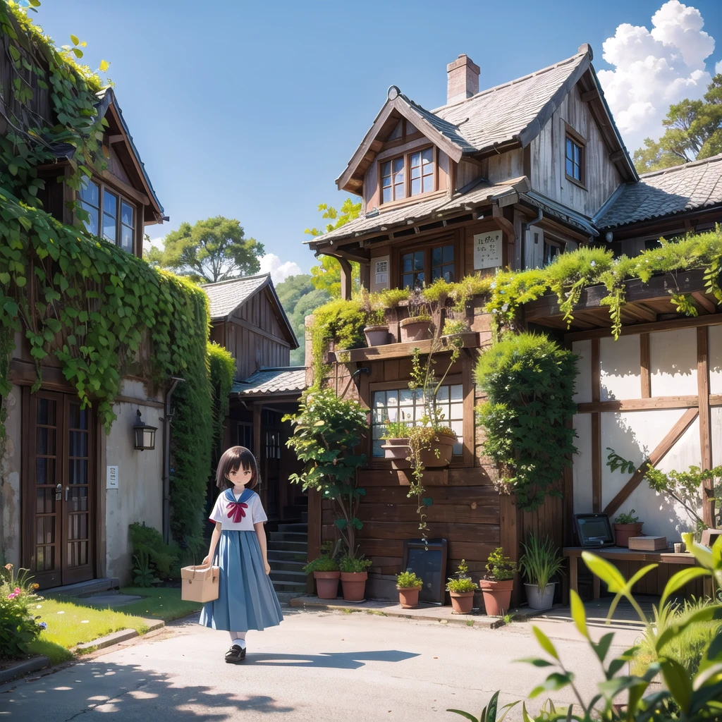 (masterpiece), town, blue sky, One Girl, smile, alone, Sailor suit、Long skirt, Overgrown, petal, plant、Skirt lining、Translucent slip、Nostalgic