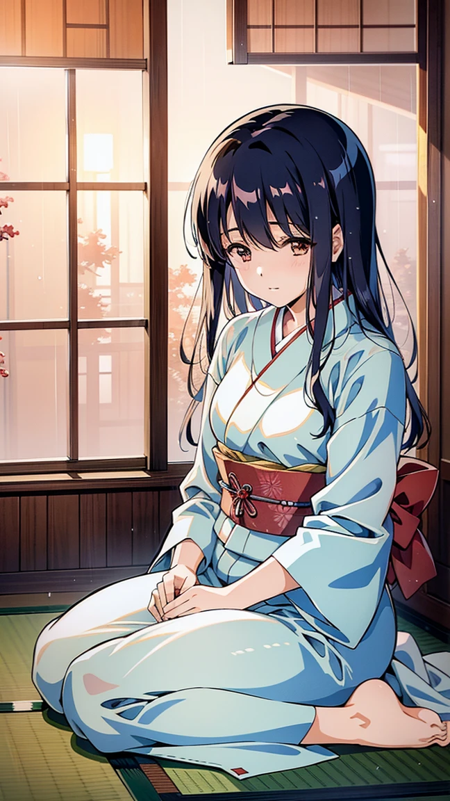 A Japanese anime-style illustration of a woman sitting by a window in a traditional Japanese room (washitsu), leaning against the window frame and looking outside at the rain. The woman is depicted in a serene and relaxed posture, with soft lighting creating a cozy and inviting atmosphere. The room features elements like tatami mats, shoji screens, and traditional Japanese decor. Rain is gently falling outside the window, enhancing the peaceful ambiance. The image is in a 9:16 aspect ratio.