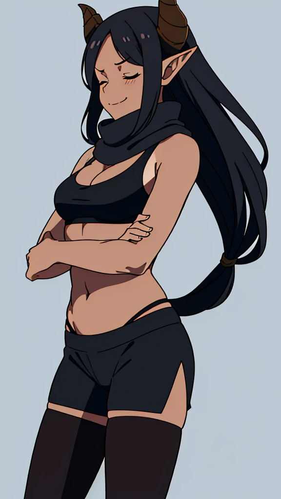 ((1girl,solo,25s,adult)),long hair, black hair,horns,elf ears,black scarf,cleavage,((dark skin)),((black sports bra, midriff)),(((pantyhoses))),((no background)),closed eyes,crossed arms,from side,serious,smile