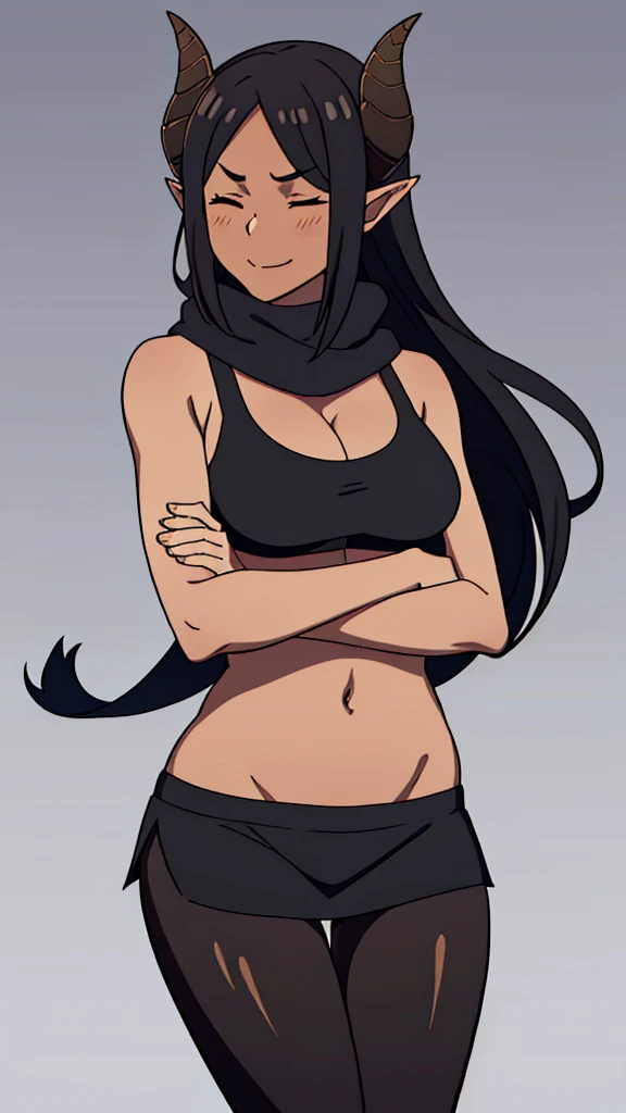 (1girl ,25s,adult,mature female),long hair, black hair,horns,elf ears,((black scarf)),cleavage,(((dark skin))),(black sports bra, midriff),(white background, line drawing),black long sleeves, upper body,looking at view,angry,from front