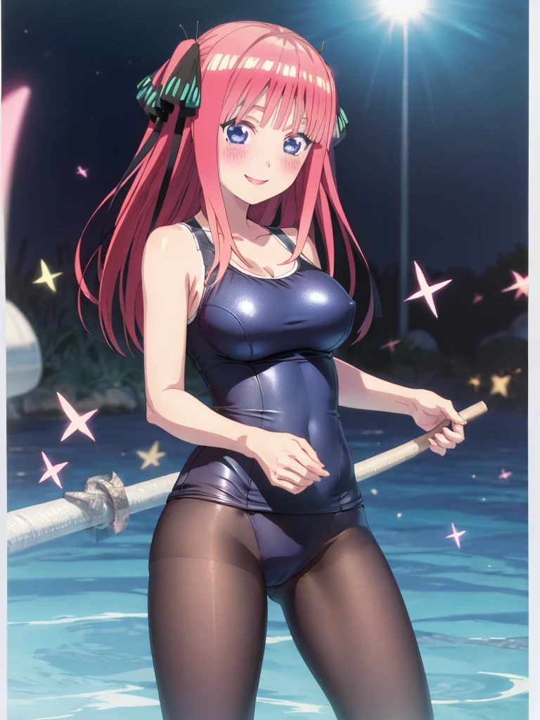 best quality, insanely detailed, nino nakano, one-piece swimsuit, breasts, pantyhose, blush, smile,