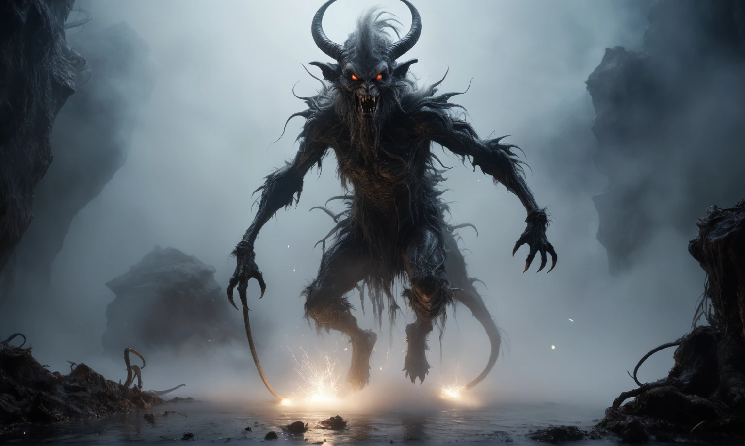 full body length,niobium hobgoblin,native africa xenomorph,once pretty face,eyebrow up,full body shot,ominous landscape,niobium gray atmosphere,photo,photorealism,Masterpiece,natural skin textures, hyper realism,hyper detailed,High contrast,Realism,Ultra Detailed,irina yermolova,close full body shot,32K resolution,Nikon Z9, ,demonic, dust, smoke, audience, mist, featuring ultra-realistic and hyper-realistic elements,Krampus,
Marta Bevacqua, Ellen Jewett, Kawacy, Katsuya Terada, Carne Griffiths, explosive lightning, concert lighting, bokeh, luminal space that feels
both bright and surreal. Includes liquid fluid elements for added depth and movement. Rendered in an unreal
engine and post-processed to achieve . Evokes a sense of dreamy, ethereal
and mystical mood,horror pixar movie still,thriller disney movie ,pixar render, animated