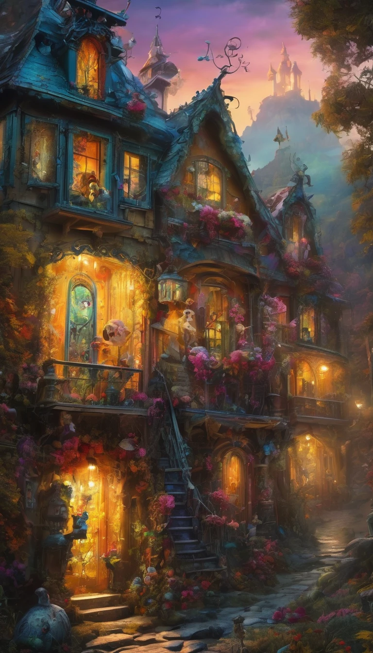 colorful skeleton,(cursed puppet), artistically expressed, stylish alexander jansson, amazingly beautiful work, Landscape characters and elements fit perfectly within the image frame, Detailed realization, Definition High Quality, expressive face, clear eyes、ghost house,masterpiece,cute cursed doll