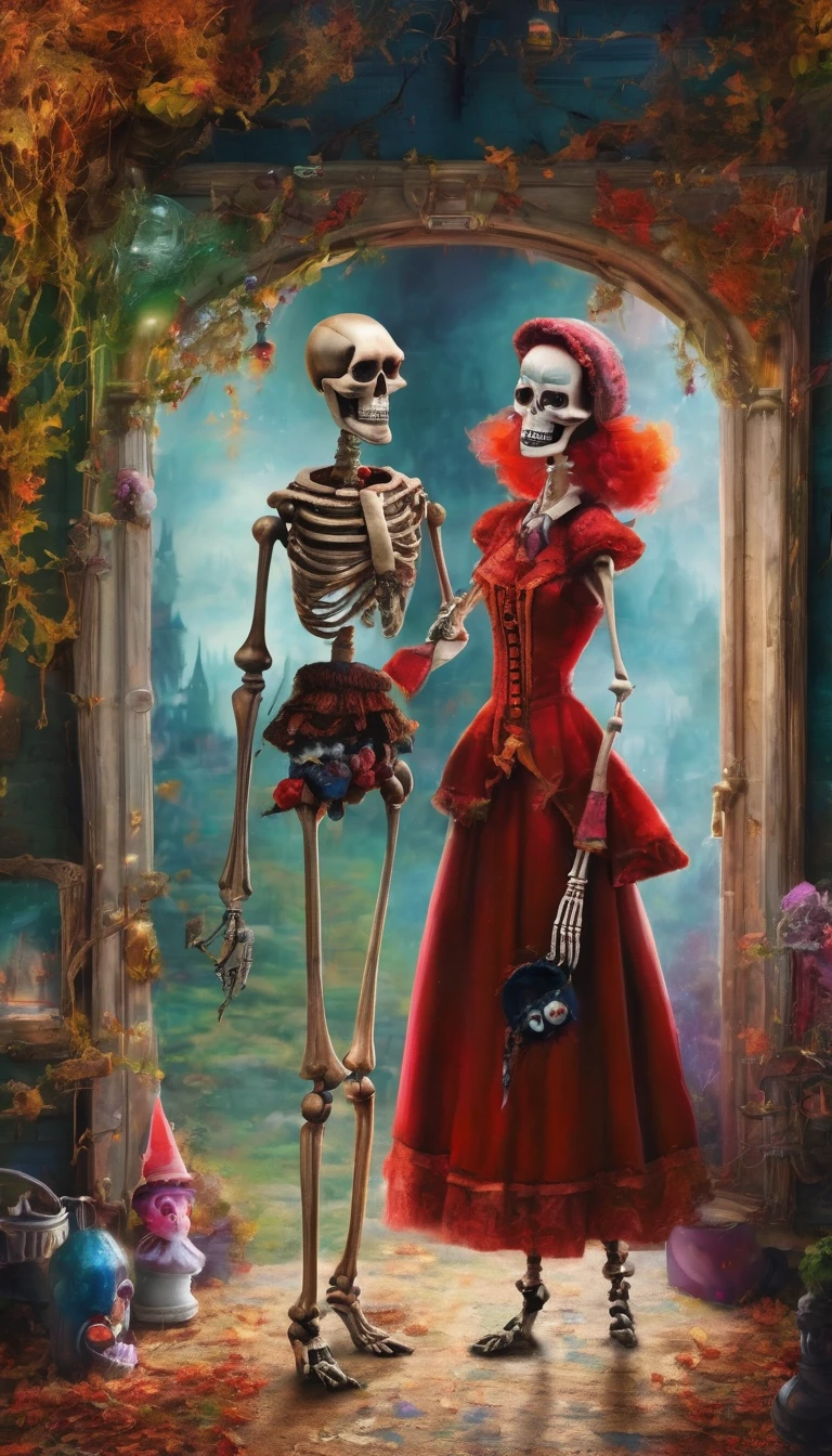 colorful skeleton,(cursed puppet), artistically expressed, stylish alexander jansson, amazingly beautiful work, Landscape characters and elements fit perfectly within the image frame, Detailed realization, Definition High Quality, expressive face, clear eyes、ghost house,masterpiece,cute cursed doll