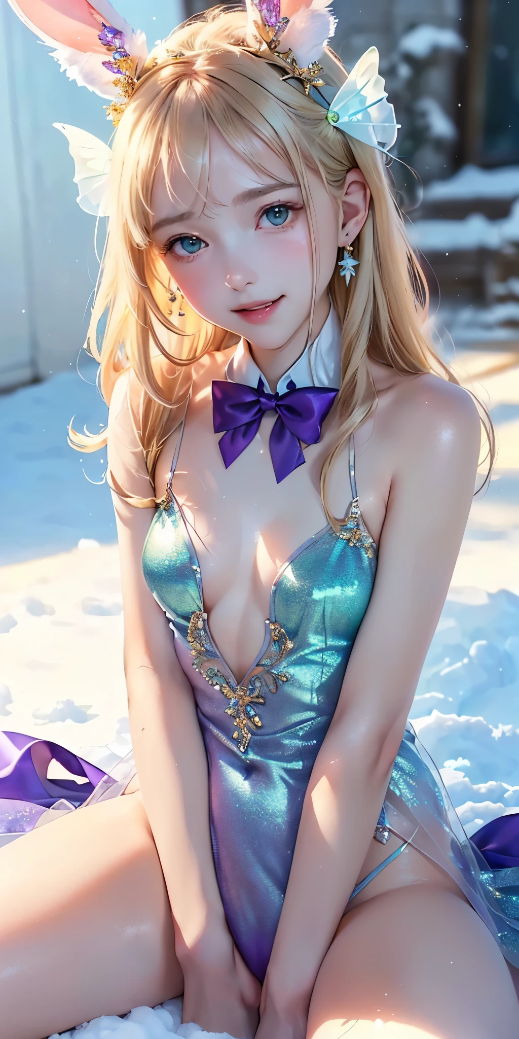 masterpiece, best quality, extremely detailed CG unity 8k wallpaper,((Upper Body)) ,((Upper Body head close-up shot of a beautiful ****** girl)), , Elegant Long straight blonde hair, (Mckenna Grace), ((flat chest,thighs,Autoluminescence skin)),Transparent (purple-green) golden (Glittering tutu,long Bunny Ear Headgear, , Bow-tie, No panties, genitals visible), ((sitting,spread legs)),(), (Blush), , (seductive smile), (A world of ice and snow), pretty face, key art, award winning, intricate detail realism hdr, by (ruan jia and artgerm and range murata), Photorealism, Hyperrealism, ultra realistic, dramatic light, intense shadows, gorgeous view, depth of field