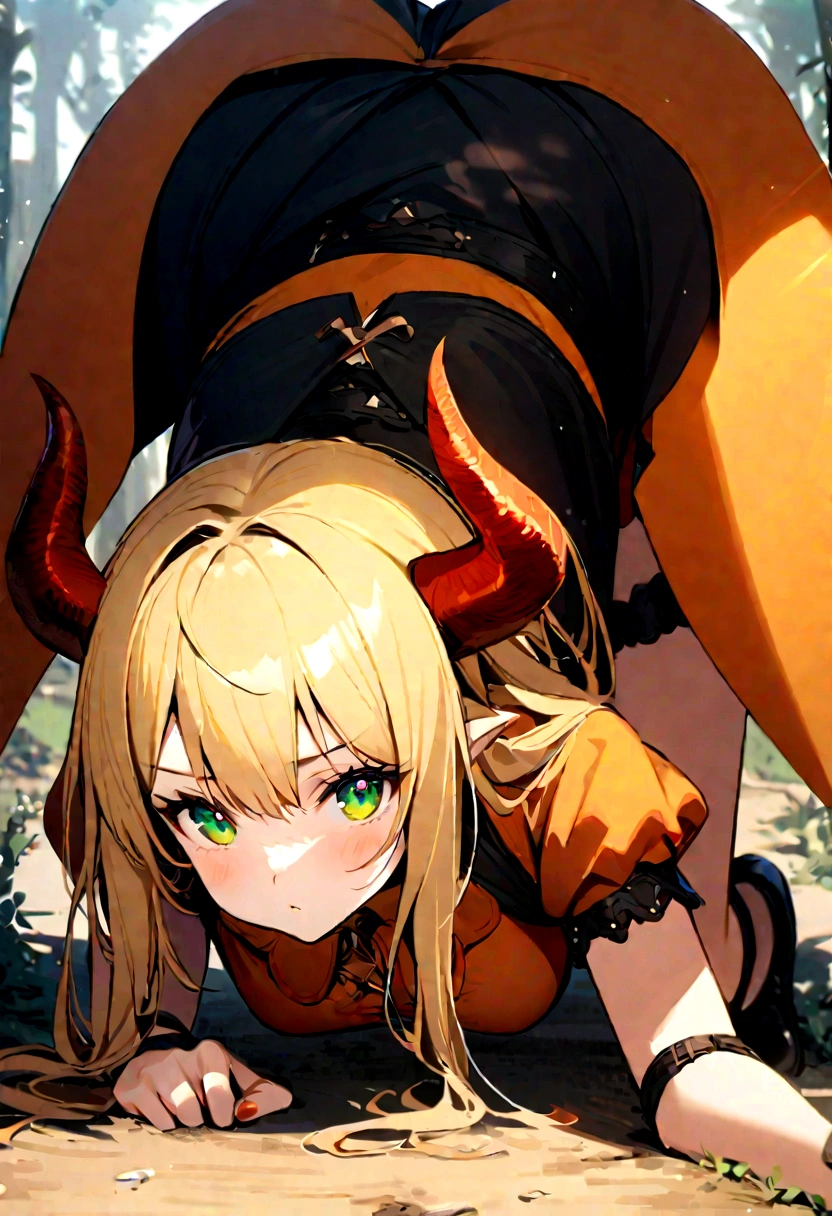 1 girl, horns, blond hair, green eyes,bent over all fours, magical realism