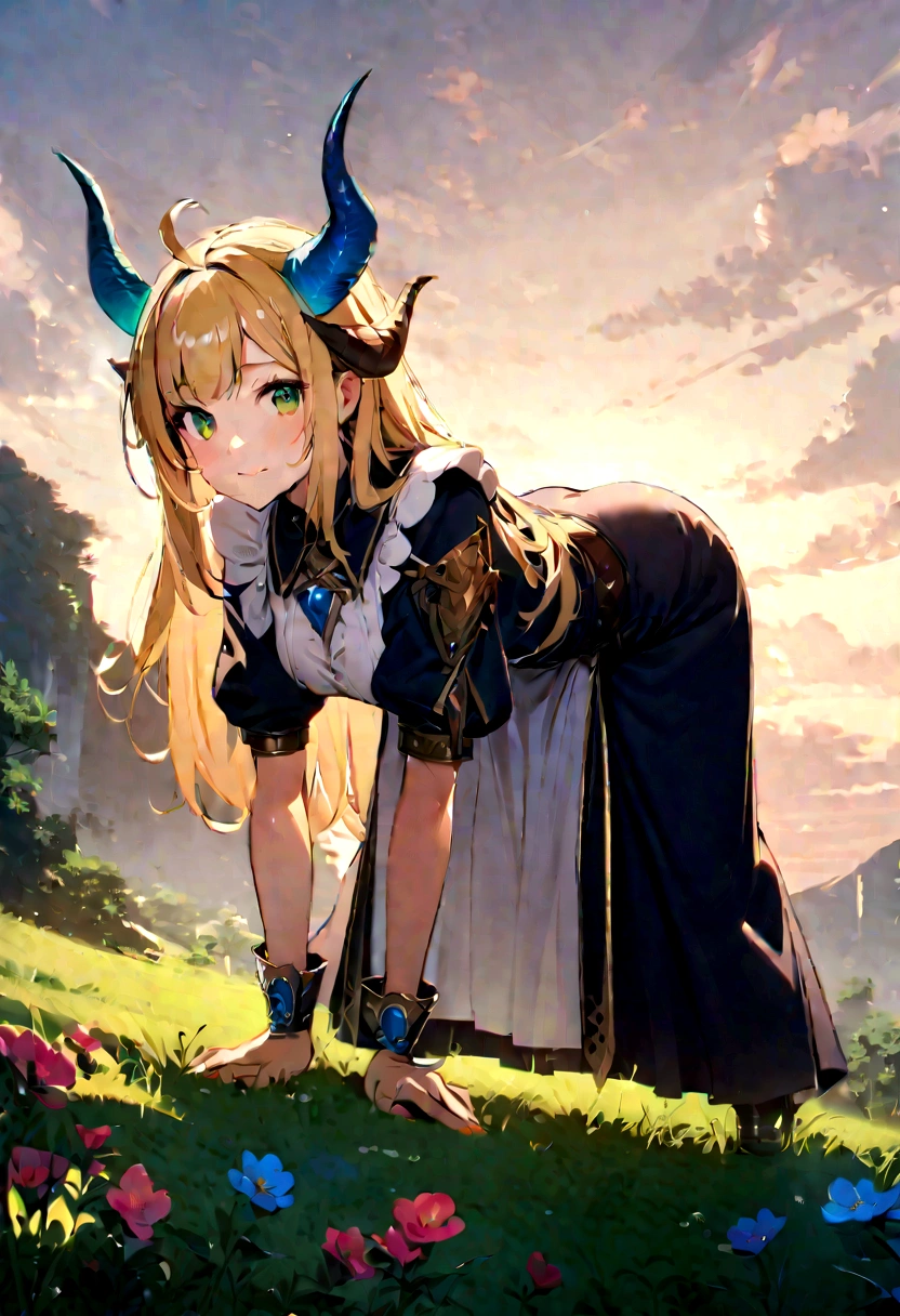 1 girl, horns, blond hair, green eyes,bent over all fours, magical realism