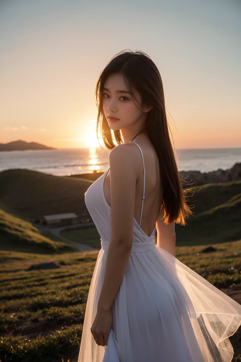 a picture by Patrick Ching, tumblr, realism, with sunset, with a sunset, beautiful backlight, sun drenched, backlight photo sample, soft sunset lighting, hot with shining sun, with ethereal light, light dress, with backlight, ethereal back light, beautiful south korean woman