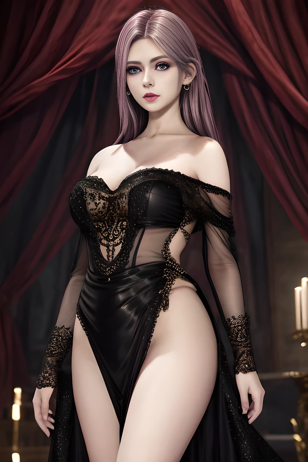 1girl,long sleeves, black dress, off shoulder, bare shoulders, long dress, see-through, tulle dress,,beautiful detailed eyes, beautiful detailed lips, extremely detailed eyes and face, long eyelashes, best quality, 4k, 8k, highres, masterpiece, ultra-detailed, realistic, photorealistic, photo-realistic, ethereal glow, regal elegance, intricate details, luxurious, otherworldly beauty, dark atmospheric background, supernatural aura, elise,