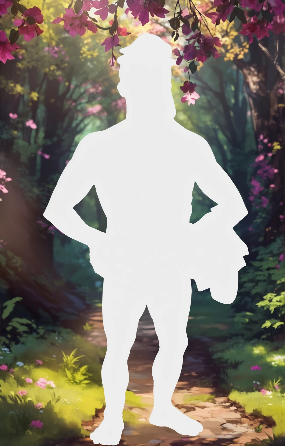 there is a man standing in the middle of a path with a hat on, character silhouette, zoomed out full body, character reveal, view(full body + zoomed out), distant full body view, strong silhouette, shoulders can be seen, in full growth, perfectly shaded body, full body photogenic shot, full body picture, clear silhouette, distant full body shot