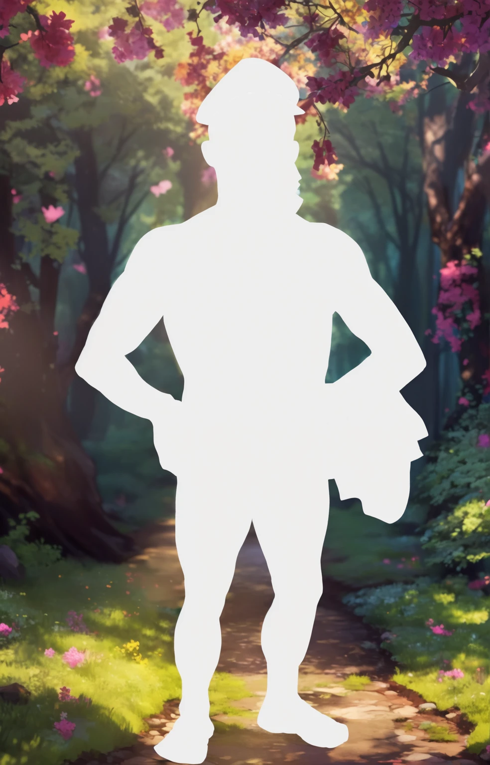 there is a man standing in the middle of a path with a hat on, character silhouette, zoomed out full body, character reveal, view(full body + zoomed out), distant full body view, strong silhouette, shoulders can be seen, in full growth, perfectly shaded body, full body photogenic shot, full body picture, clear silhouette, distant full body shot