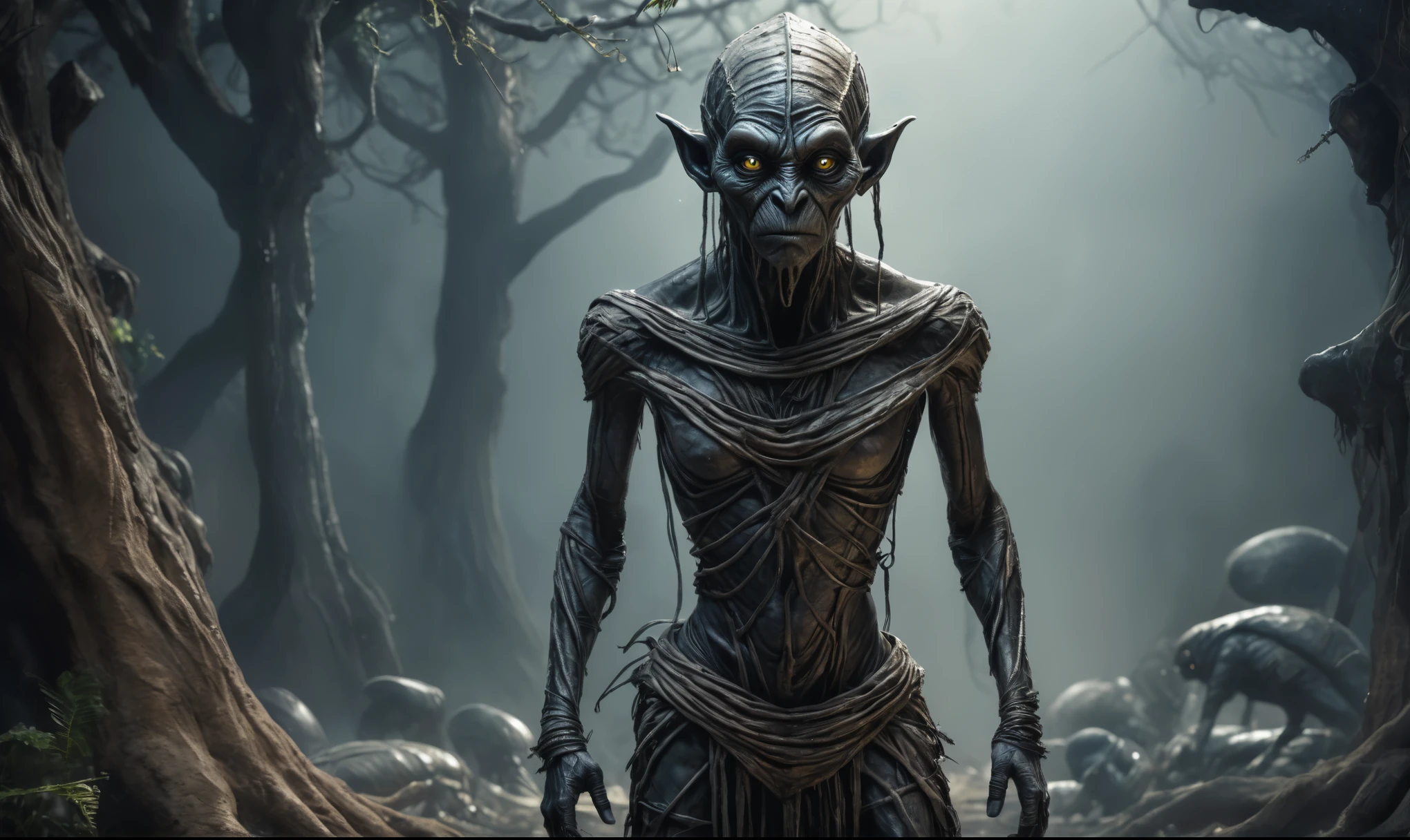full body length shot,beggar niobium graphite mummy of Alien Entity,native africa sparas,,maya,  criminal city of future,Cinematic,soft colors, Technicolor,natural skin textures, hyper realism, hyper detailed,Extremely detailed,High contrast,Masterpiece,Realistic,Ultra Detailed, intricate details,realistic humid leather,extremely intricate,Epic Realistic, cinematic style, irina yermolova,high contrast,hdr,extremely detailed, deep night landscape,masterpiece, intricate details, eyes extremely detailed, high detailed eyes,8k resolution,retina, Nikon Z9,Korea,orc,perfect, Elf，transition between two art styles, Double contact, X-ray, Creative, vivid light, fantasy, Abstract, Surrealism, super detailed, high resolution, trap against fairies between trees,insanity wear
